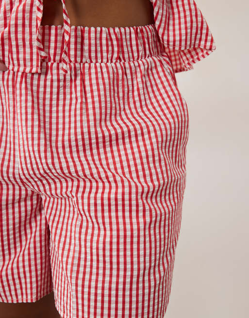 VILA Curve – Shorts mit Vichy-Karomuster in Rot und Weiß und hohem Bund, Kombiteil, 2 von 5