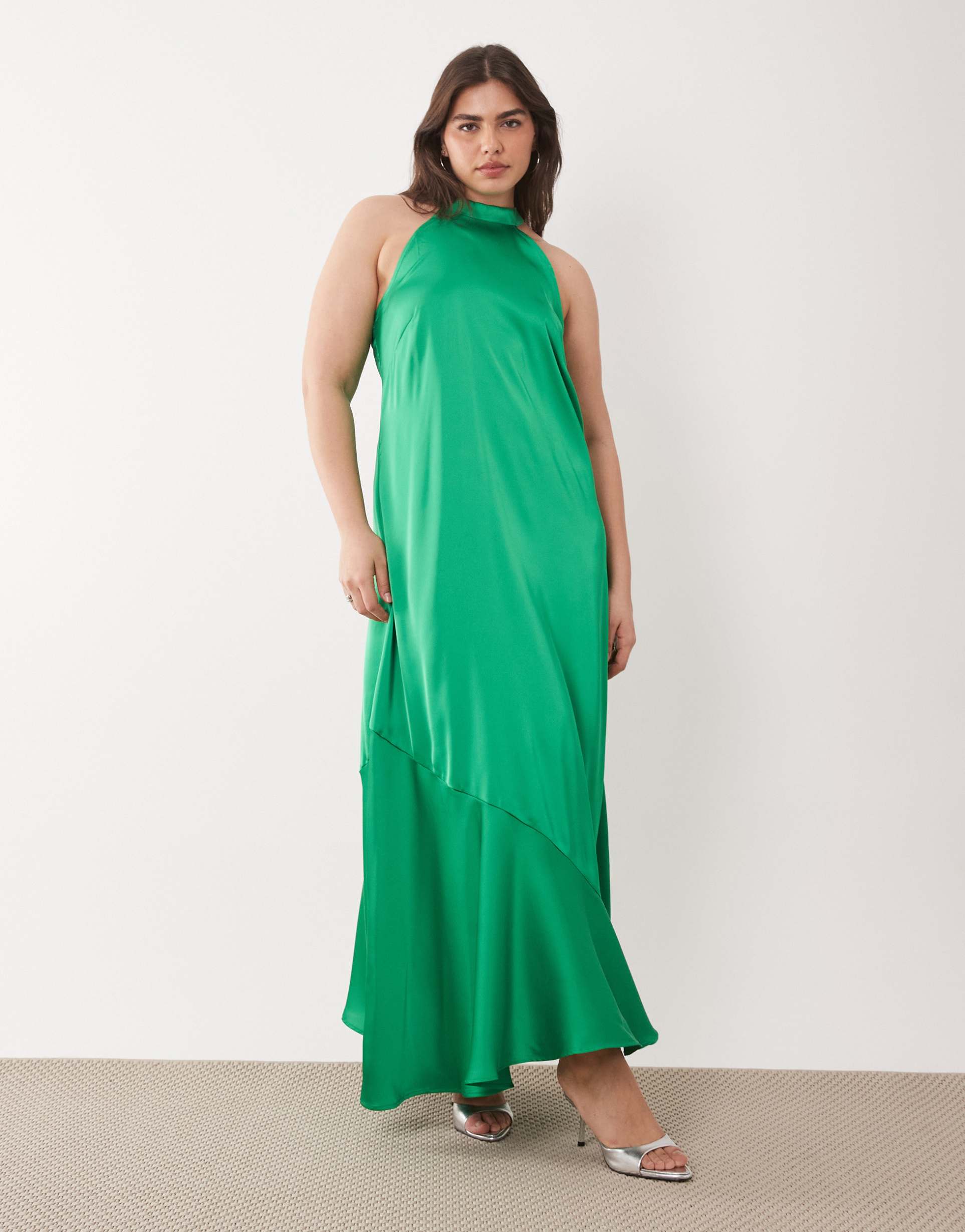 vila curve sleek satin halter neck maxi dress in bright green