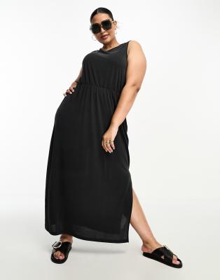 Vila Curve slinky racer neck maxi dress with split sides in black - ASOS Price Checker