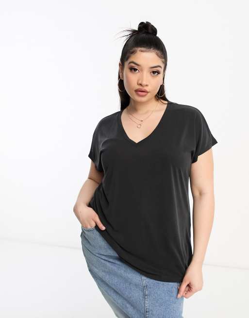 Vila Curve slinky v neck T shirt in charcoal