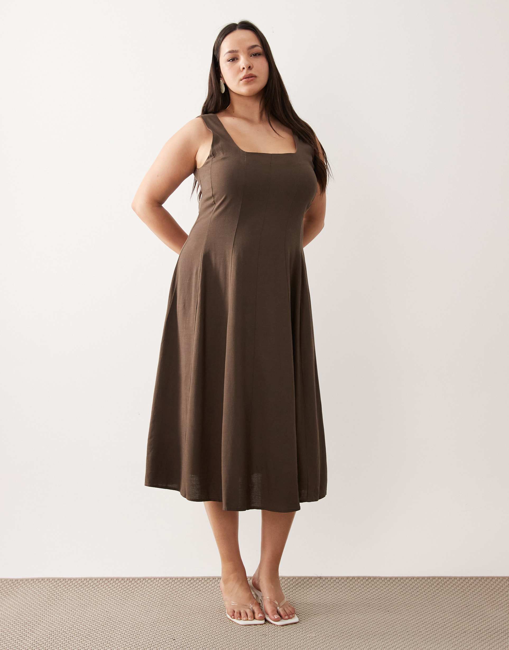 vila curve square neck linen-touch midi dress in black