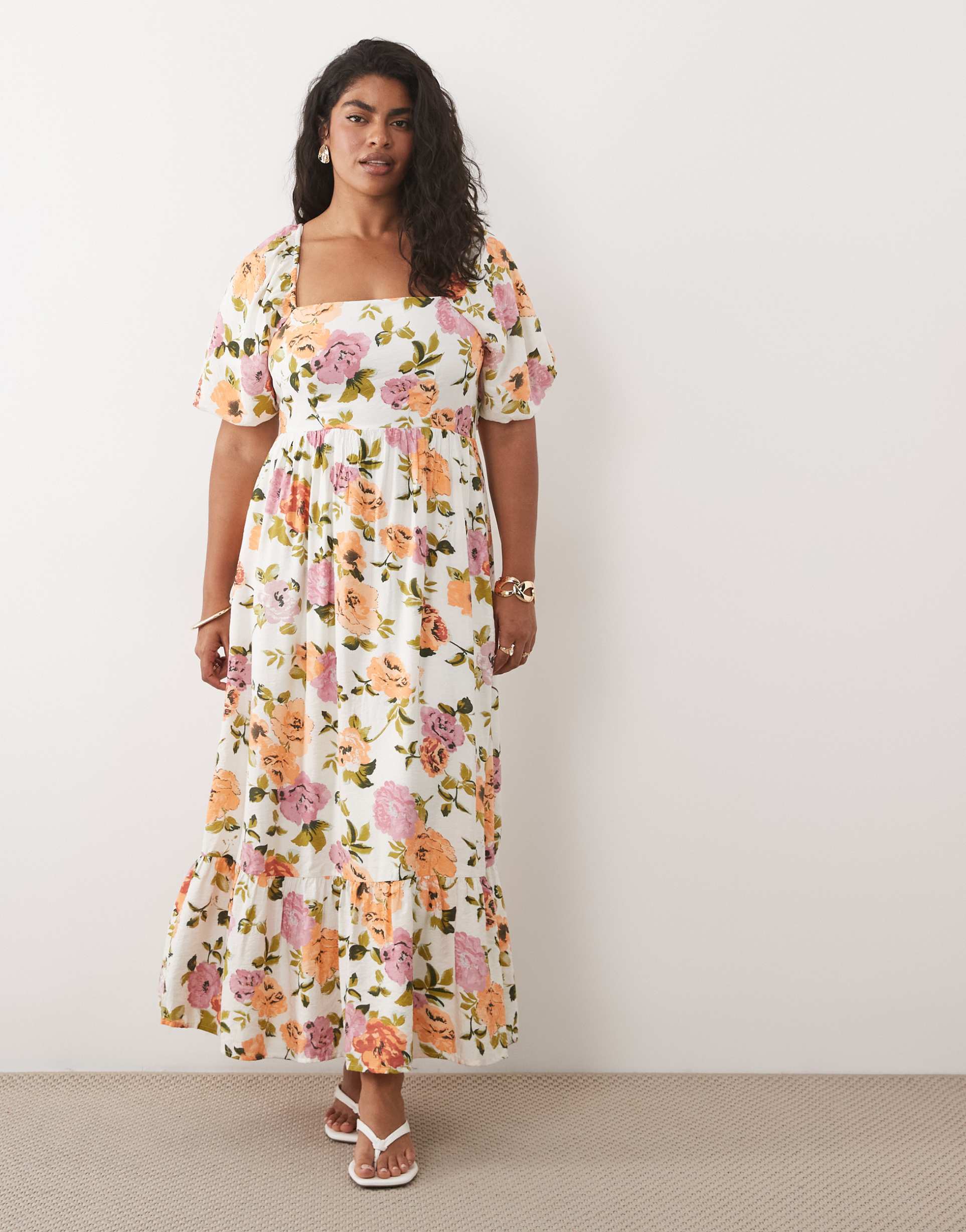 vila curve square neck puff sleeve midi dress in floral print