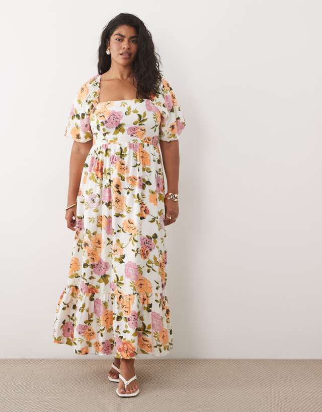 Vila Curve square neck puff sleeve midi dress in floral print | ASOS