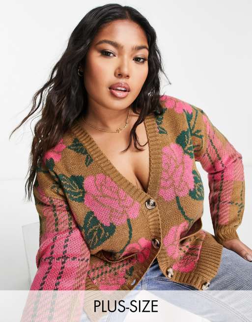 Vila Curve – Strickjacke mit rosa Blumen- und Karomustermix
