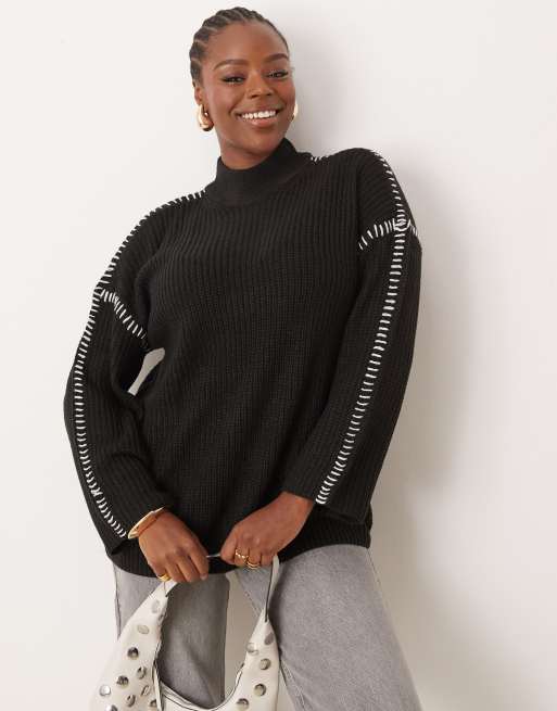VILA Curve – Strickpullover in Schwarz mit hohem Ausschnitt und Kontrastnahtdetail