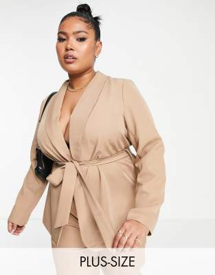 Vila Curve Suit Blazer Co-Ord With Tie Waist In Camel-Neutral