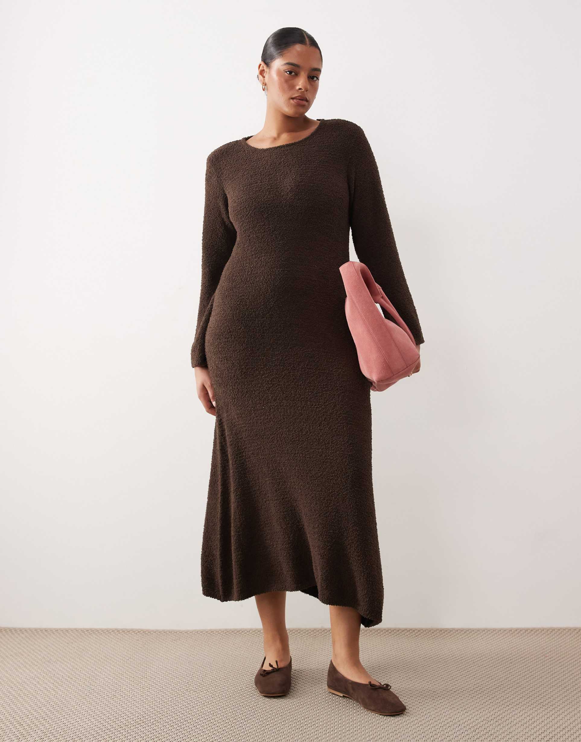 vila curve super soft fluffy maxi sweater dress in chocolate brown
