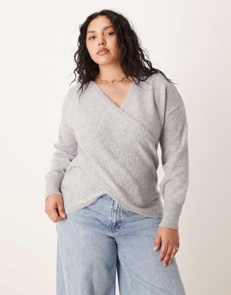 Vila Curve wrap detail knitted jumper in grey