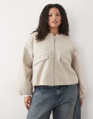Vila Curve Textured Clean Collarless Bomber Jacket In Neutral