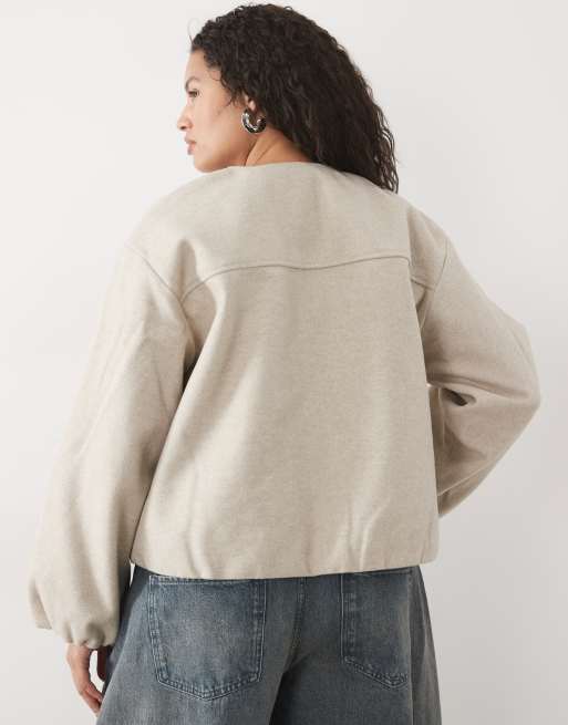 Vila Curve textured clean collarless bomber jacket in natural melange, 2 of 4