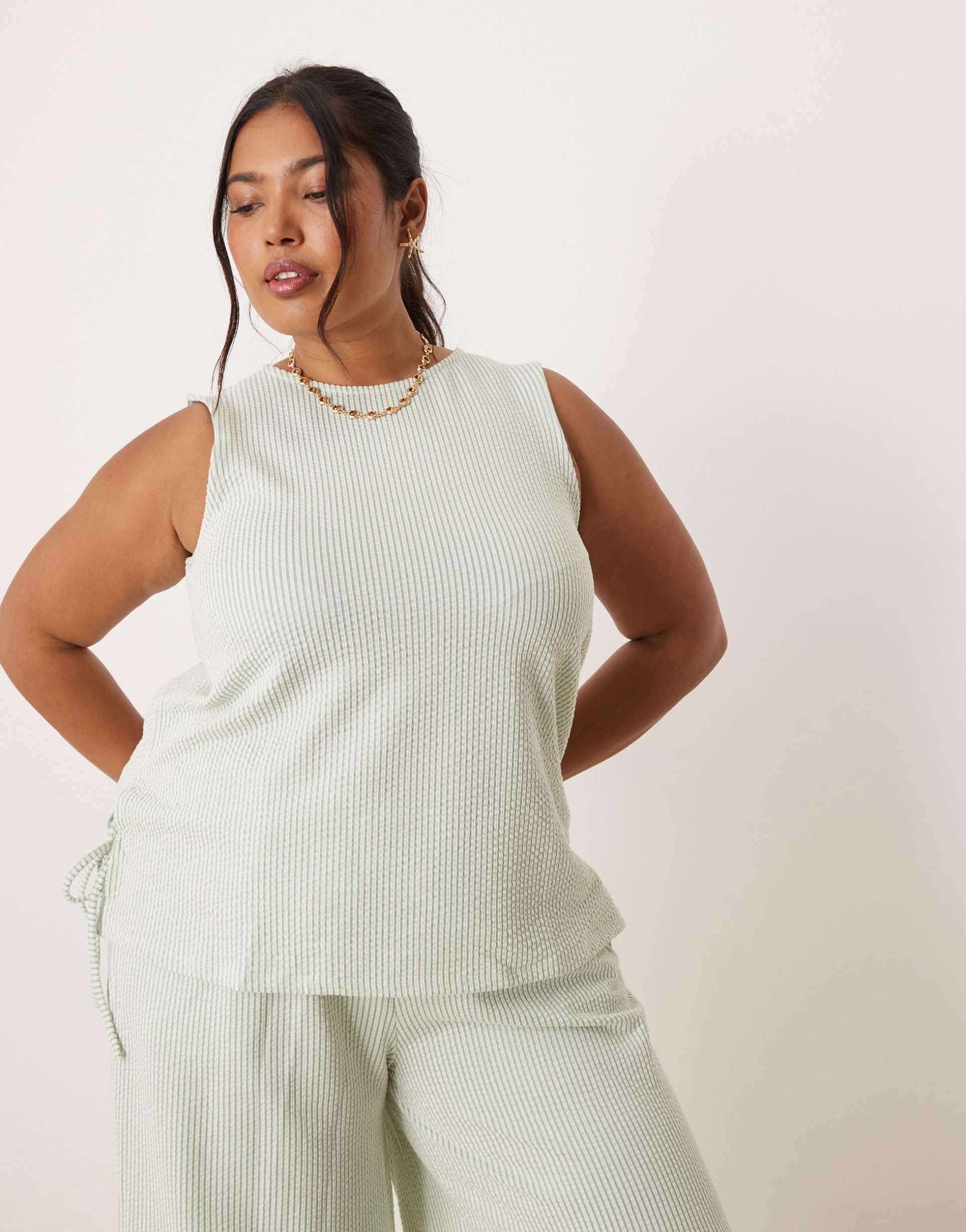 vila curve textured stripe sleeveless tie side top in green and cream - part of a set