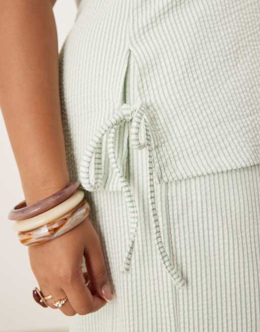 Vila Curve textured stripe sleevless tie side top co-ord in green and cream, 2 of 4