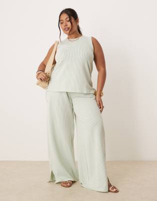 Vila Curve Vila Curve textured stripe wide leg trouser co-ord in green and cream