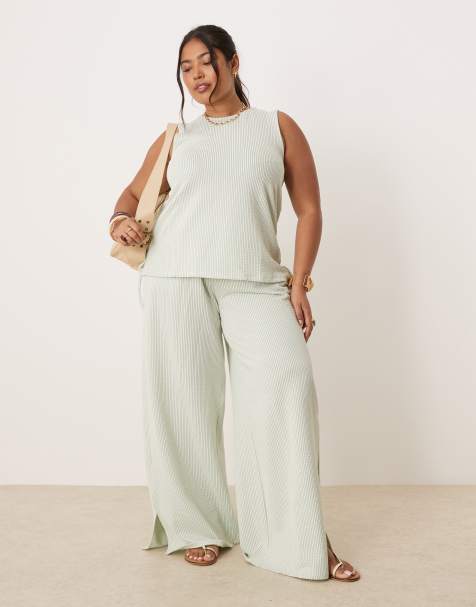 Vila Curve textured stripe wide leg trouser co-ord in green and cream
