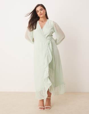 textured wrap maxi dress with frill detail in sage green