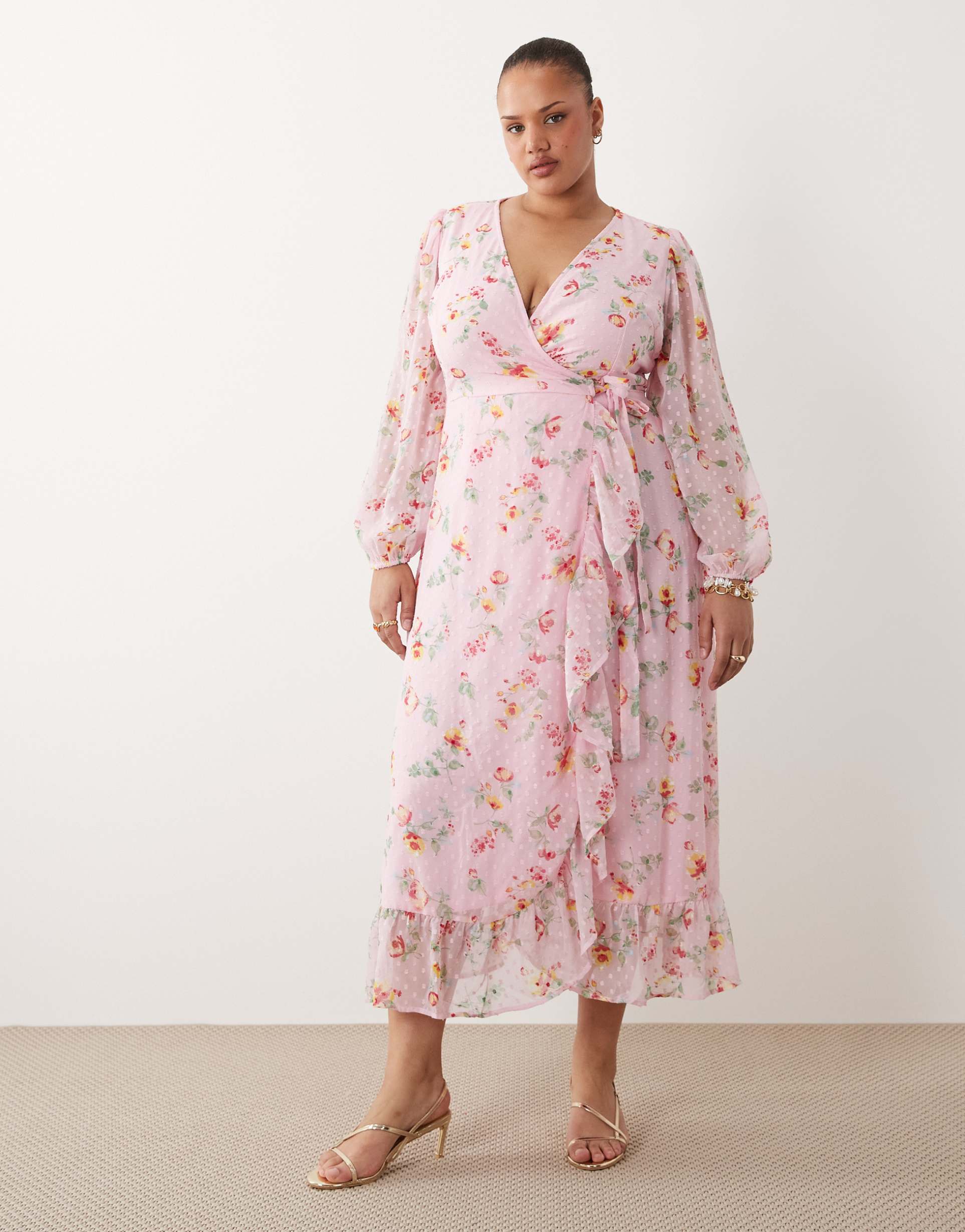 vila curve textured wrap maxi dress with frill detailing in cherry blossom floral print