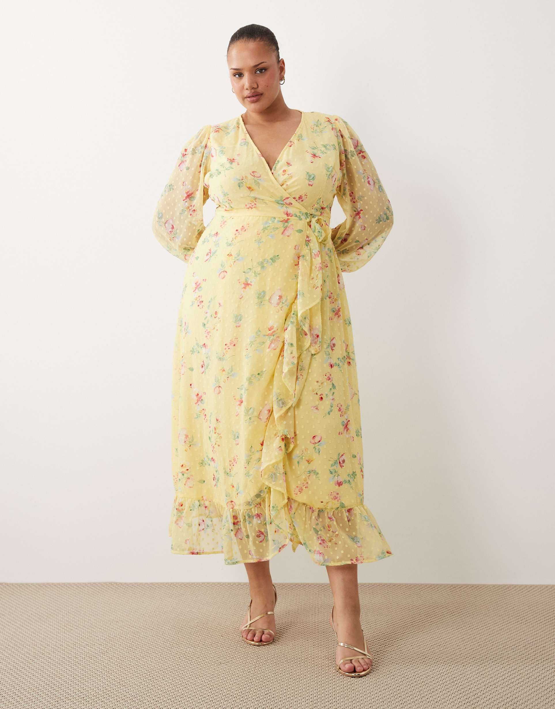 vila curve textured wrap maxi dress with frill detailing in pastel yellow floral print