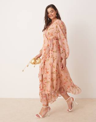 textured wrap maxi dress with ruffle detail in rose floral print-pink