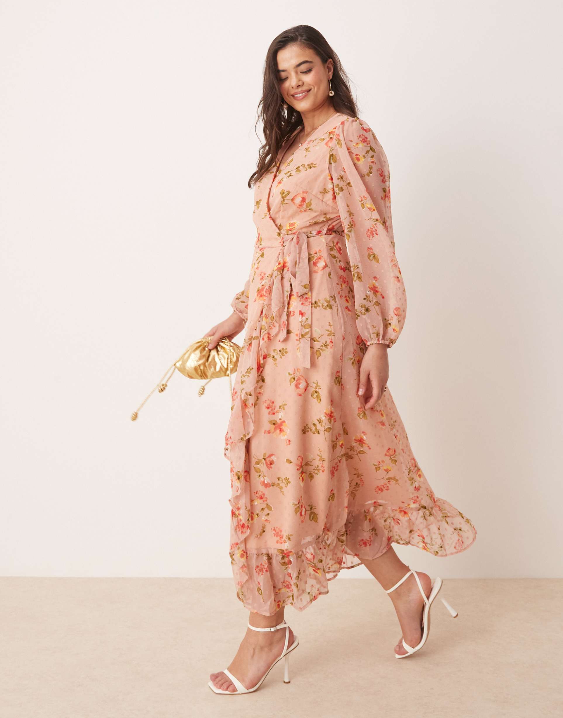 vila curve textured wrap maxi dress with ruffle detail in rose floral print