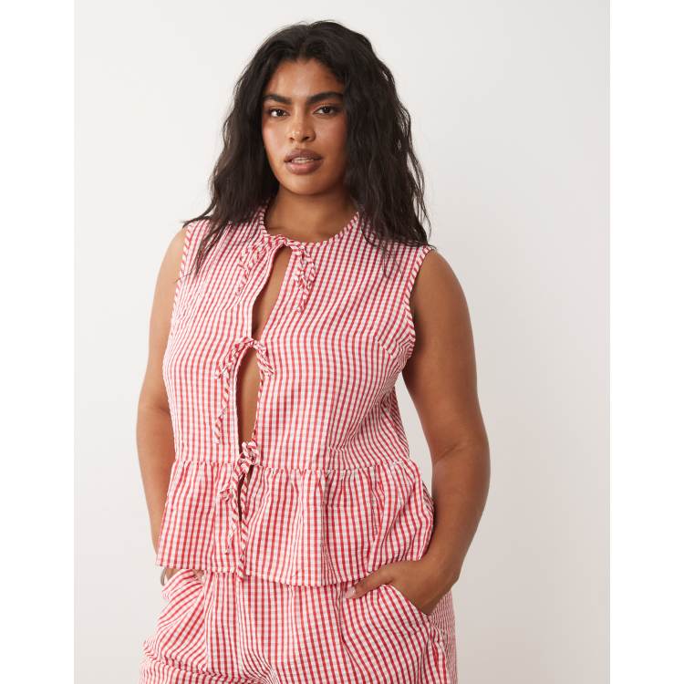 Vila Curve tie front peplum hem top co-ord in red and white