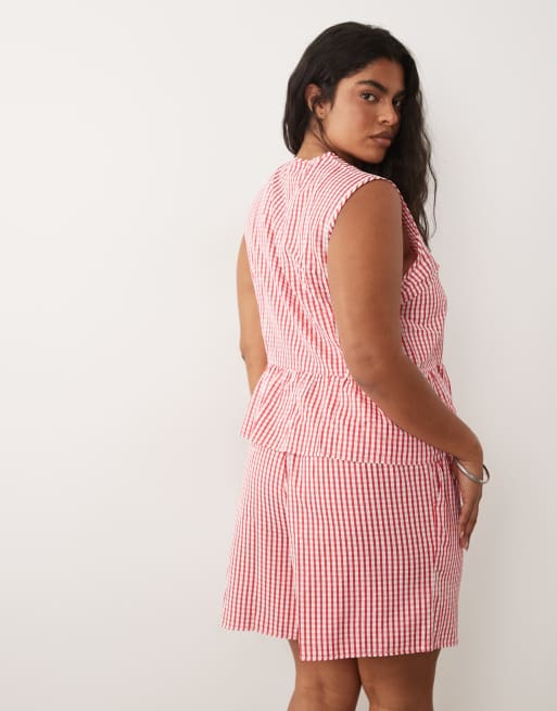 Vila Curve tie front peplum hem top co-ord in red and white gingham print, 4 of 4