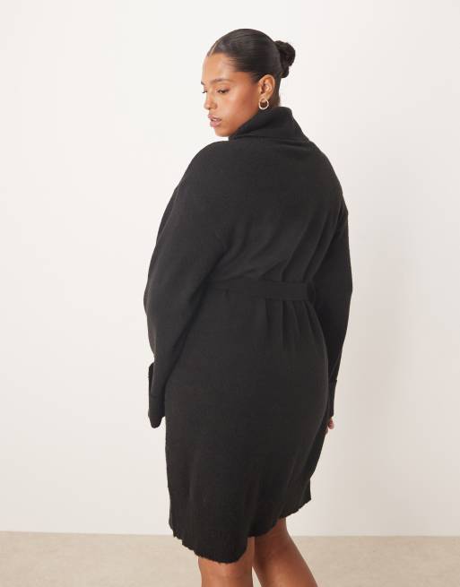 Vila Curve tie waist high neck knit mini dress in black