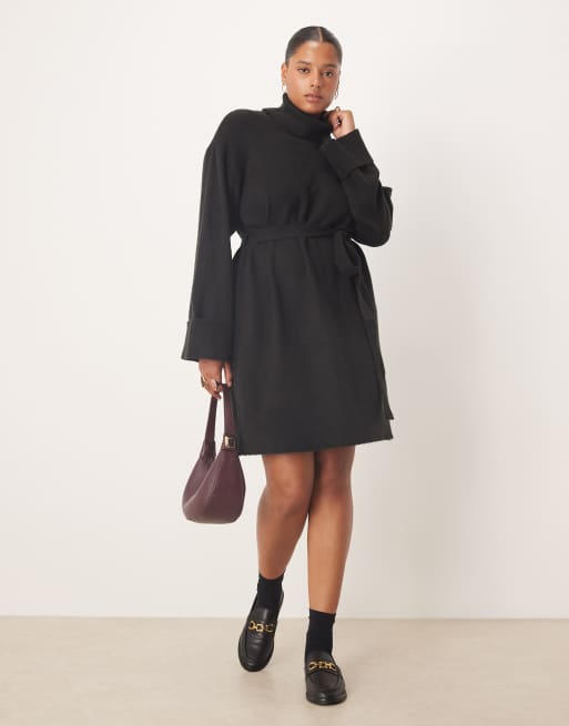 Vila Curve tie waist high neck knit mini dress in black