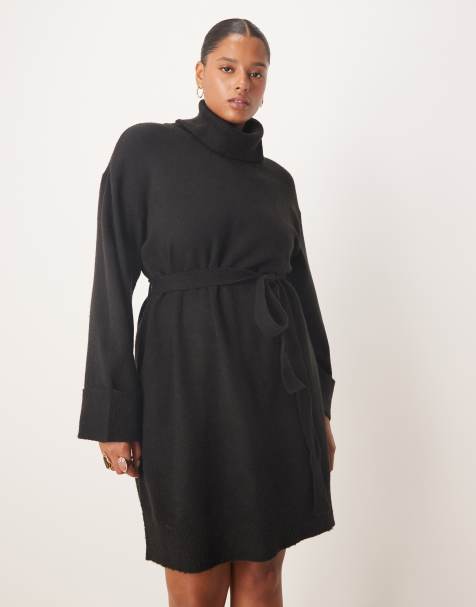 VILA Curve tie waist high neck knitted mini dress in black - view 1