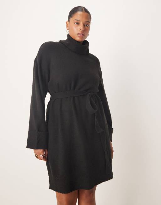 Vila Curve tie waist high neck knitted mini dress in black, 4 of 4