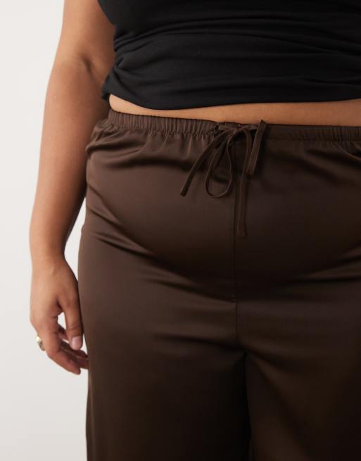 Vila Curve tie waist wide leg satin pants in chocolate brown , 2 of 5