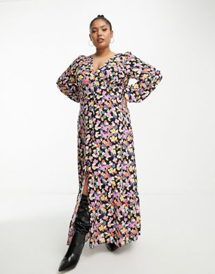 Vila Curve tiered button front maxi dress in floral print