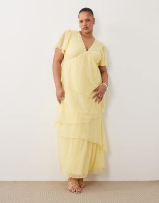 Vila Curve Tiered Textured Ankle Length Dress In Yellow