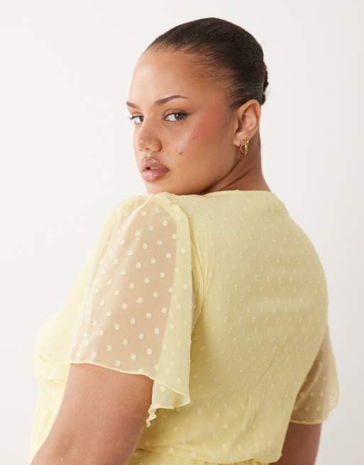 VILA Curve tiered textured ankle length dress in pale yellow, 3 of 4