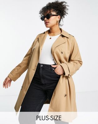 Vila Curve trench coat with tie waist in camel
