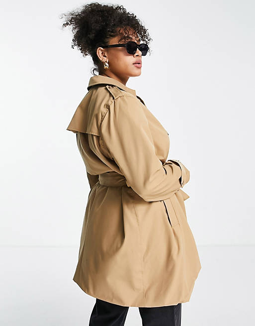Coats & Jackets Vila Curve trench coat with tie waist in camel 