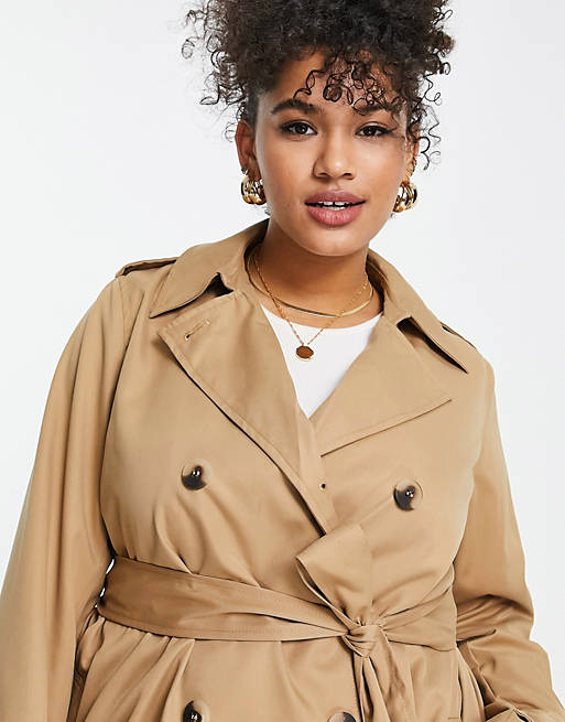 Coats & Jackets Vila Curve trench coat with tie waist in camel 