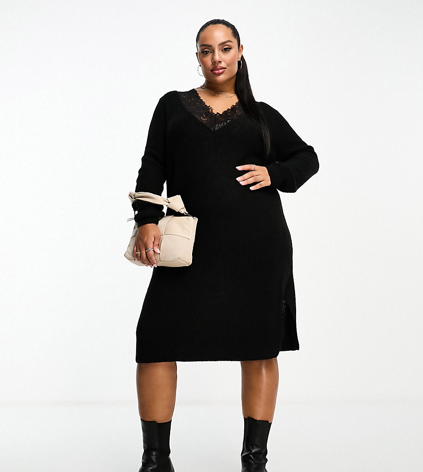 Vila Curve v neck knitted jumper midi dress with lace detail in black