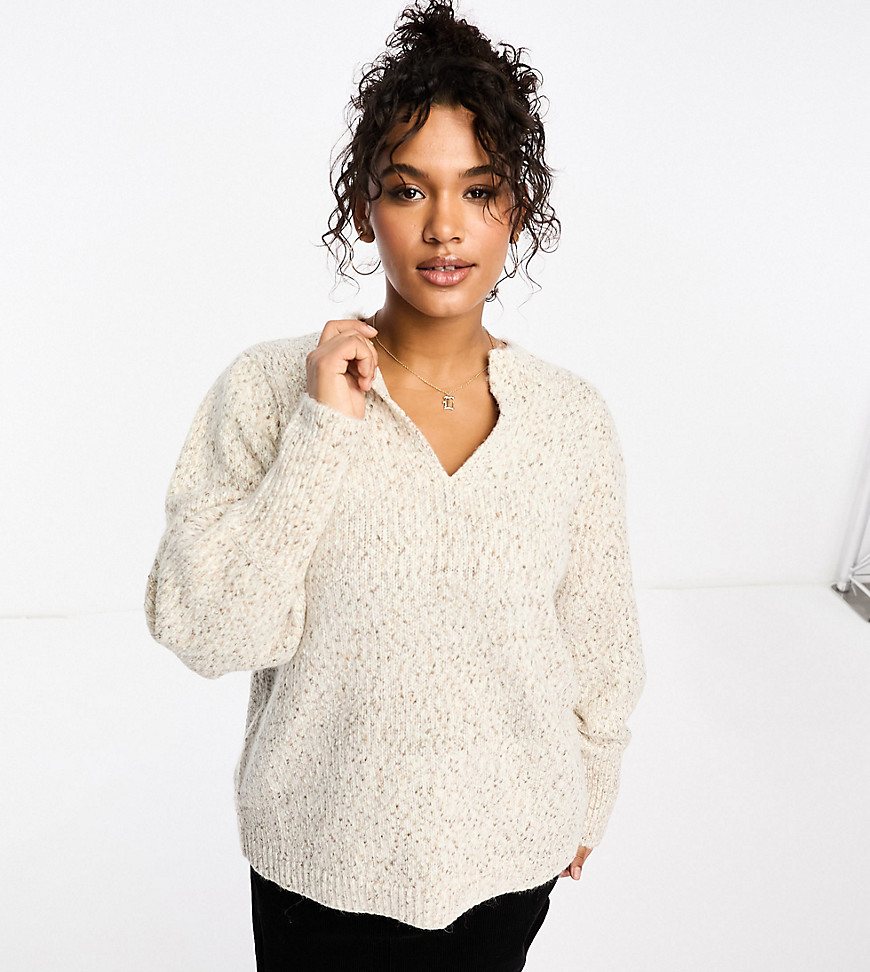 v neck sweater with puff sleeves in mottled beige-Neutral
