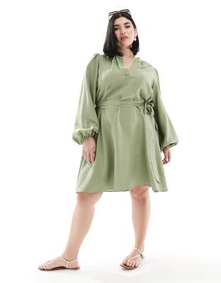 Vila Curve V Neck Tie Waist Mini Dress In Green