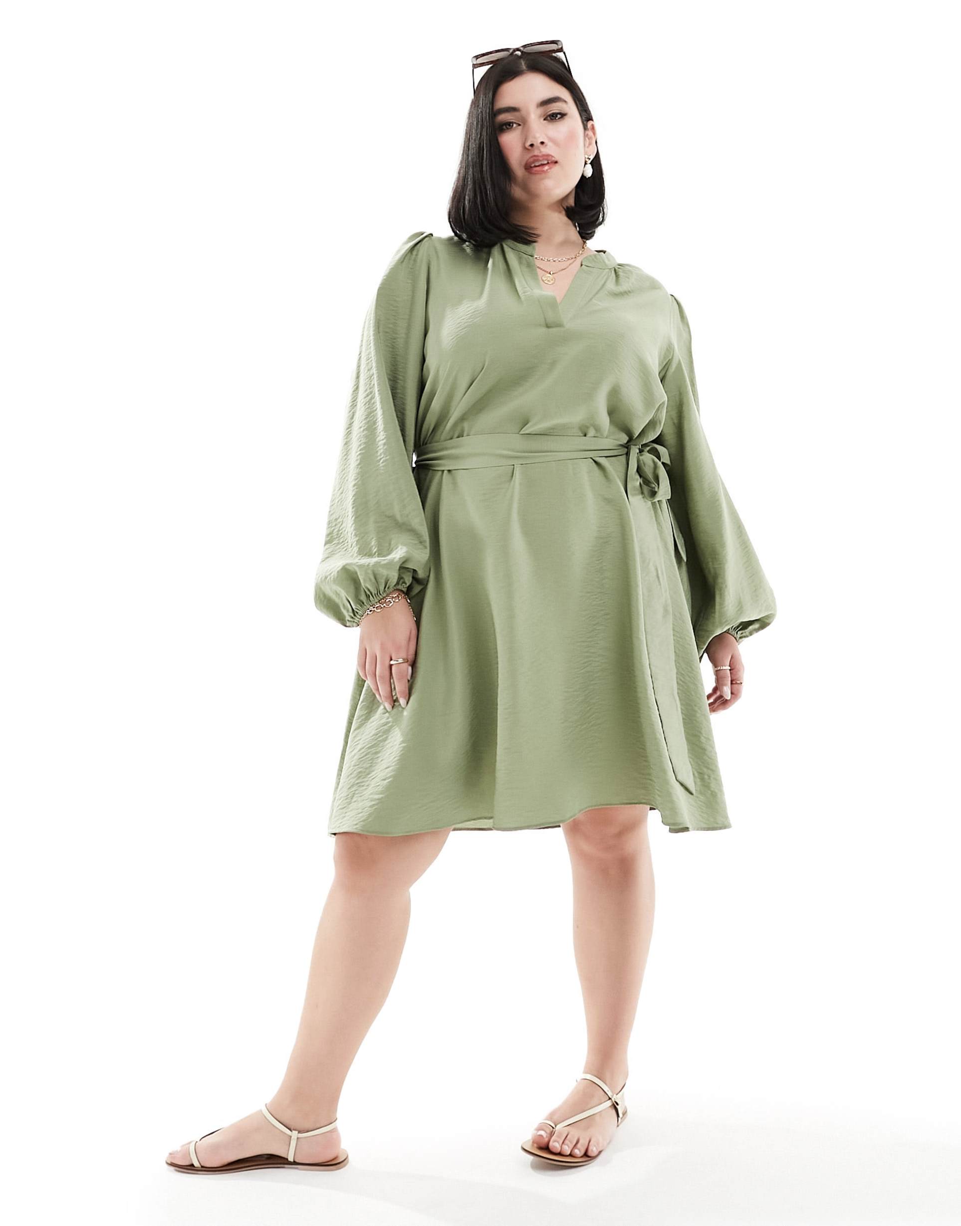 vila curve v neck tie waist mini dress in green