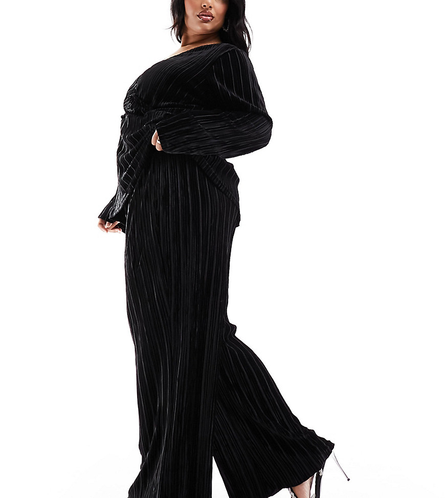 Vila Curve velvet plisse wide leg trouser co-ord in black