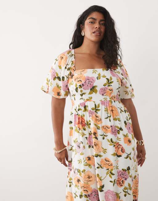 VILA Curve - Vestido midi con estampado floral, mangas abullonadas y escote cuadrado, 2 de 4