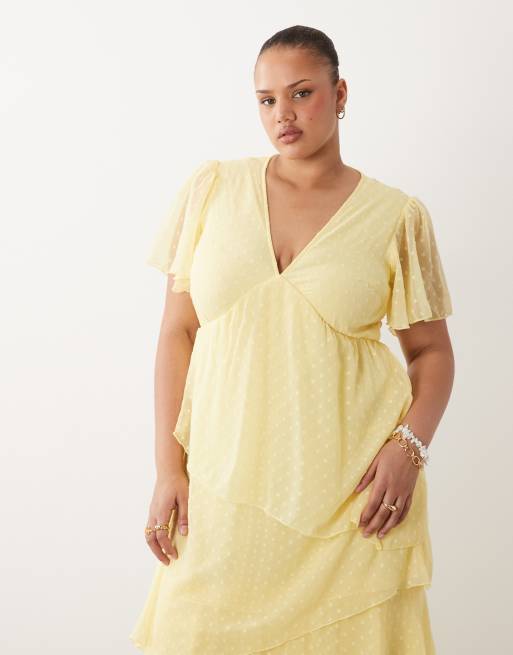 VILA Curve - Vestito alla caviglia giallo pallido plumetis a balze, 2 di 4