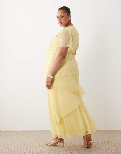 VILA Curve - Vestito alla caviglia giallo pallido plumetis a balze, 4 di 4