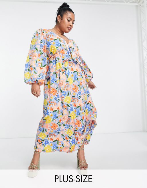 Vila Curve - Vestito grembiule lungo blu acceso a fiori con maniche voluminose e volant 