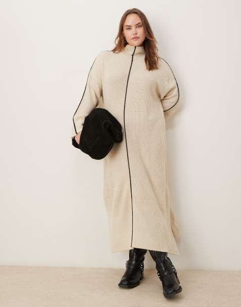 VILA Curve - Vestito lungo accollato in maglia color crema - view 1