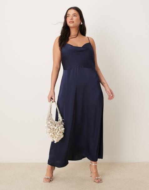 Vila Curve - Vestito lungo in raso color blu navy con scollo ad anello e spalline sottili - view 1