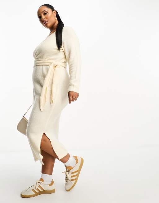 Vila Curve - Vestito midi a portafoglio in maglia color crema