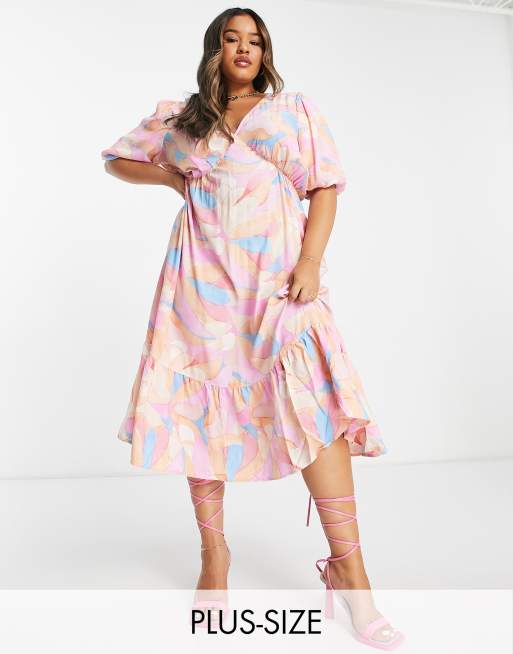 Vila Curve - Vestito midi con scollo a V e stampa astratta pastello