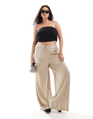 weighted plisse satin feel wide leg pants in beige-Neutral